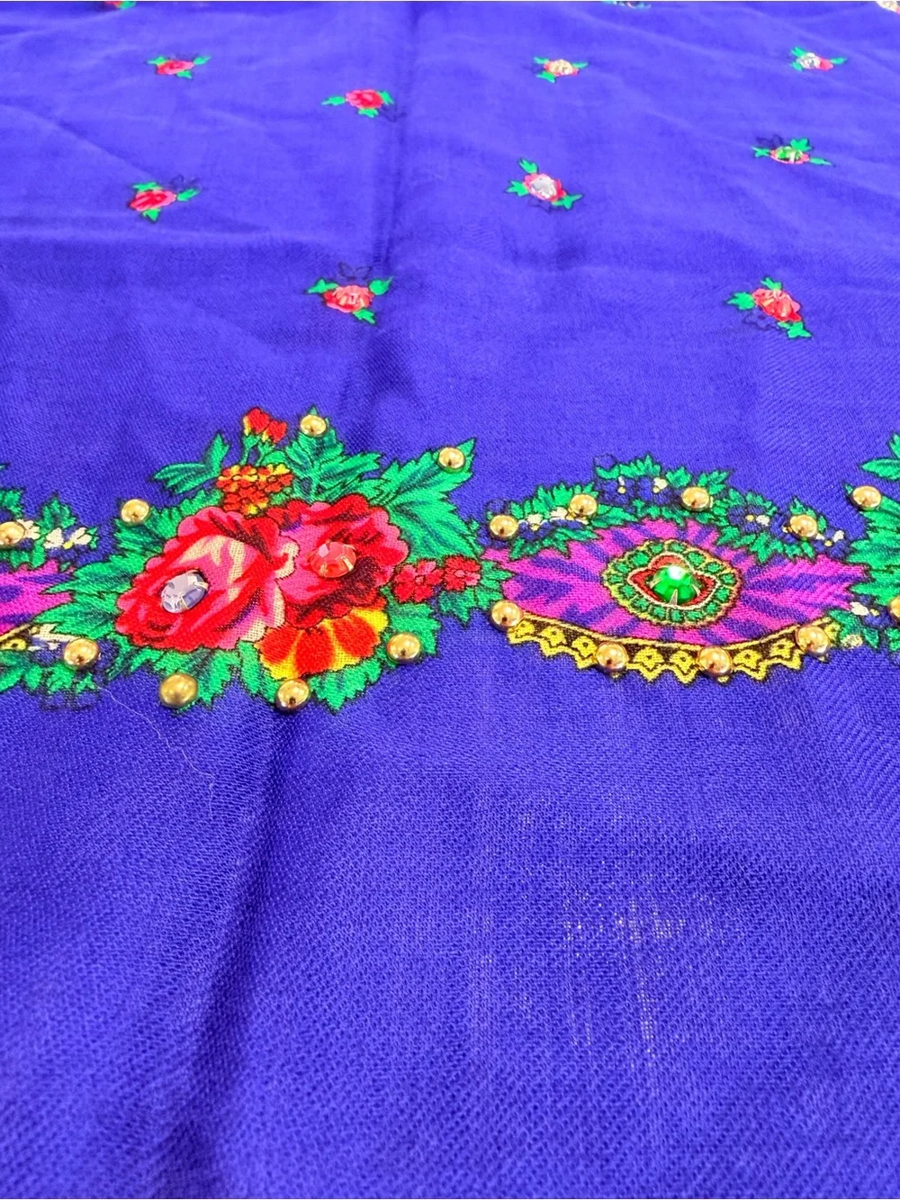 VTG Japanese Pure Virgin Wool Floral Scarf Blue Rhinestone Embellished